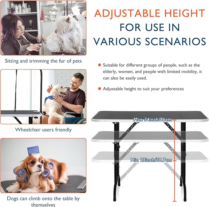LEIBOU 45'' Height Adjustable(23''~33.8'') and Foldable Pet Dog Grooming Table Heavy Duty Iron Frame with H-Shape Grooming Arm & 3 Noose, Maximum Capacity Up to 260lbs, Black