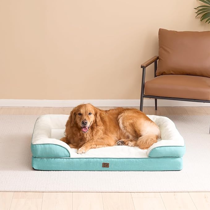 EHEYCIGA Orthopedic Dog Beds for Large Dogs, Waterproof Memory Foam Large Dog Bed with Sides, Non-Slip Bottom and Egg-Crate Foam Large Dog Couch Bed with Washable Removable Cover, Turquoise Blue