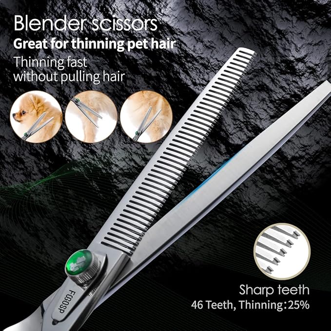 Professional Dog Grooming Scissors Kit 8 in Curved Thinning Straight Chunker Shears and Comb 5pcs Set for Grooming Big Dogs Poodle Pet Japan 440C Stainless Steel