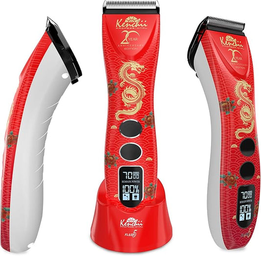 Kenchii Flash 5 Red Dragon Limited Edition - 5-in-1 Digital Cordless Clipper - Precision Pet Grooming: Trim, Shape, and Style Effortlessly USB-C Charging (Red)