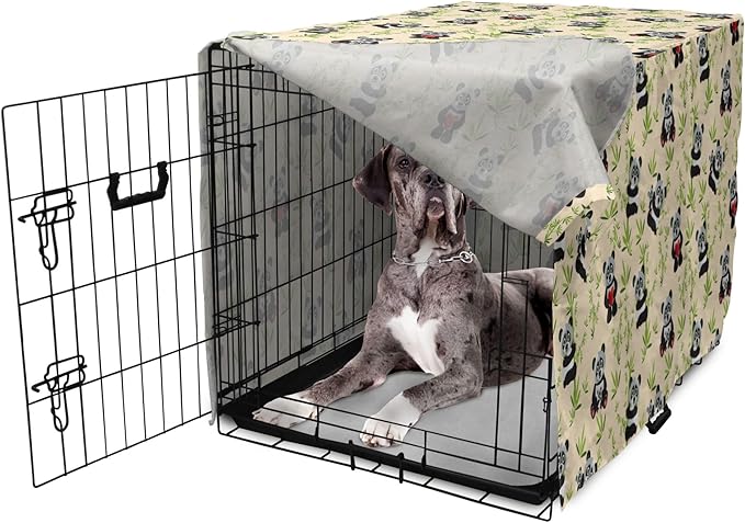 Lunarable Panda Dog Crate Cover, Asian Bear Cartoon Character Eating Leaves Branches Wildlife Animal, Easy to Use Pet Kennel Cover for Medium Large Dogs, 48 Inch, Apple Green Black and Ivory