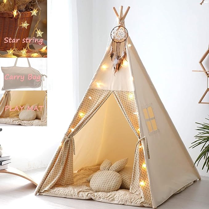 Teepee Tent for Kids with Mat,Foldable Play Tents for Girl and Boy with Carrybag,Canvas Tipi Playhouse for Children Indoor Outdoor(Beige & Mat)