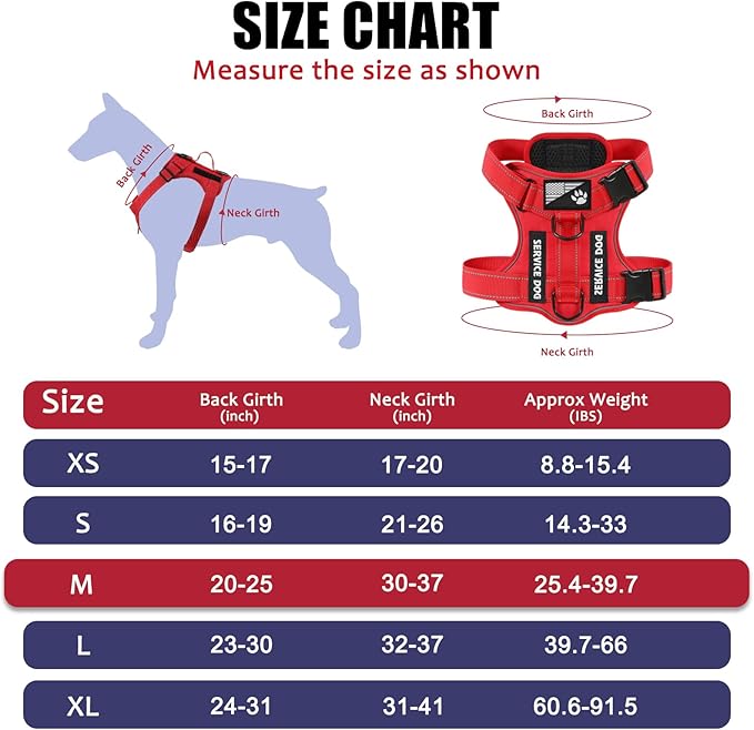 Demigreat Service Dog Harness, Reflective Dog Vest Harness with 5 PCS Patches, Adjustable Soft Oxford Pet Harness, Inner Layer Mesh, Easy to Control for Dogs (All-RED, Medium (Pack of 1))