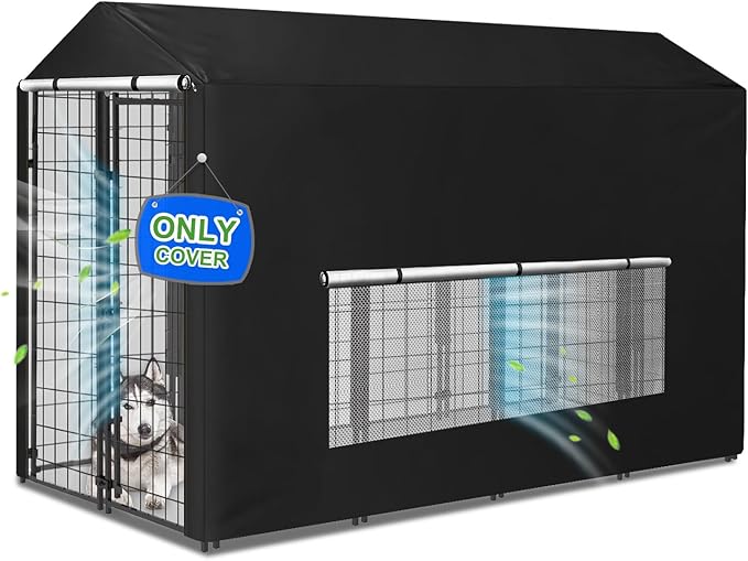 Dog Kennel Cover Large Shade Outdoor Playpen Cover Fully Enclosed Outside Waterproof Dog Crate Cover with Anti-UV Breathable Mesh Window and Clear Pannel for Viewing (Cover only Patent Design)