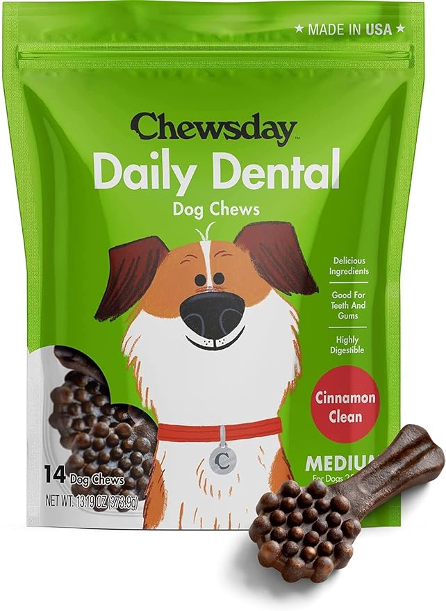 Chewsday Medium Cinnamon Clean Daily Dental Dog Chews, Made in The USA, Natural Highly-Digestible Oral Health Treats for Healthy Gums and Teeth - 14 Count