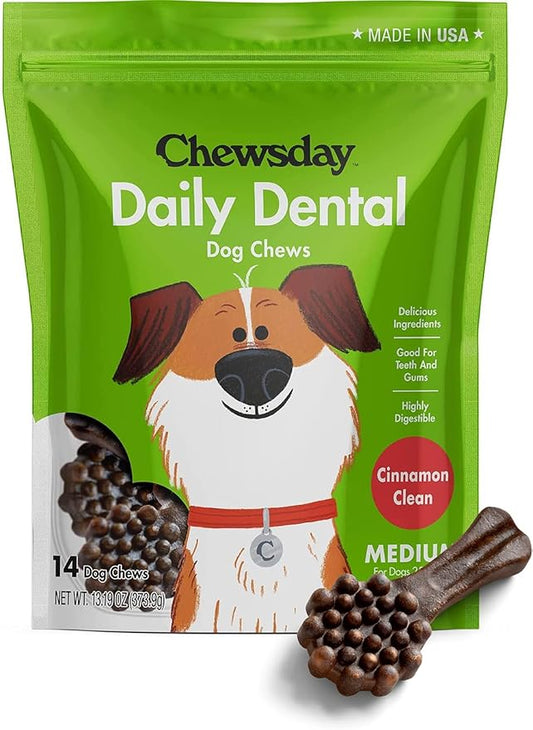 Chewsday Medium Cinnamon Clean Daily Dental Dog Chews, Made in The USA, Natural Highly-Digestible Oral Health Treats for Healthy Gums and Teeth - 14 Count
