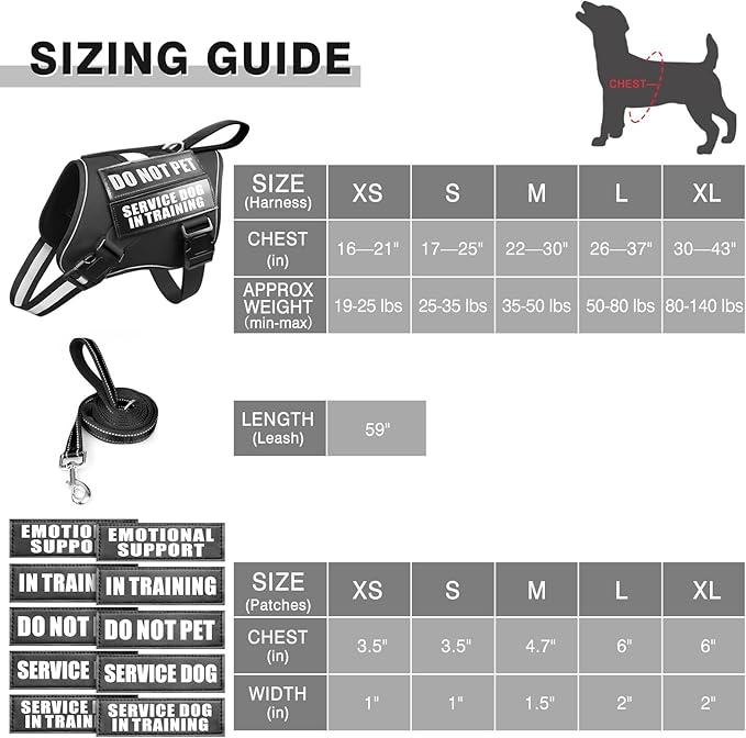WINSEE Dog Harness & Leash Set, Medium, Black - Reflective, Adjustable, W/ 10 Patches for Service, Therapy Dogs, Extra Durable