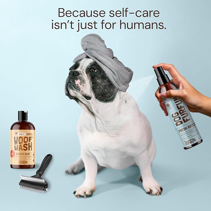 Sunny & Honey Bath Bundle - Dog Shampoo and Conditioner, Perfume, Brush for Shedding & Microfiber Towel - Moisturize & Detangle - Dog Wash & Cologne Spray (Coconut Shampoo 16oz & Breeze Perfume 8oz)