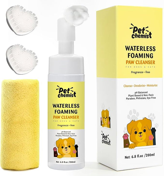 Dog Paw Cleaner 6.8Oz, Waterless Foaming Shampoo Paw Cleanser for Dogs, Cats, Foot Cleaner Brush, with 3 Silicone Brush & 1 Microfiber Absorbent Towel, Gentle, Fragrance-Free