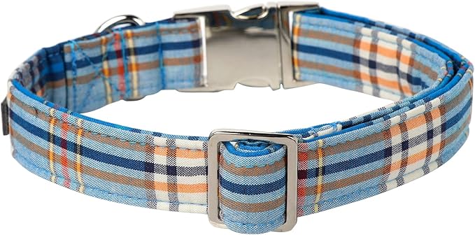 Lionet Paws Boy Dog Collar, Comfortable Adjustable Cute Blue Plaid Collar with Metal Buckle for Male Dogs Gift, Large, Neck 16-24 inches
