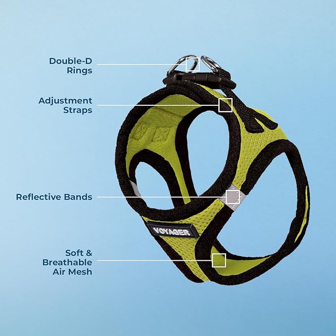 Voyager Step-in Air Dog Harness - All Weather Mesh, Reflective, No Pull Harness for Small, Medium Dogs, Cats - Secure with Hook & Loop Fastener, Buckle, Double D-Rings - Lime Green/Black Trim, XXXS