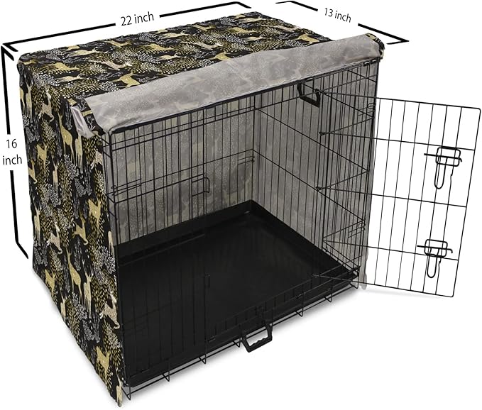 Ambesonne Christmas Dog Crate Cover, Nature Woodland and Deer Silhouettes with Oriental Ornaments Design, Easy to Use Pet Kennel Cover for Small Dogs Puppies Kittens, 22 Inch, Yellow White Black