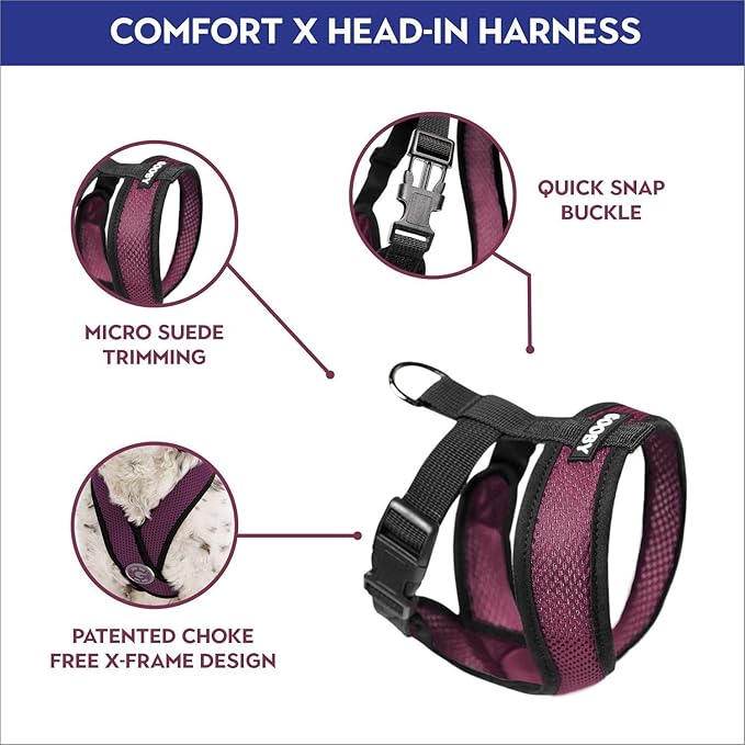 Gooby Comfort X Head In Harness - Purple, Large - No Pull Small Dog Harness Patented Choke-Free X Frame - Perfect on the Go Dog Harness for Medium Dogs No Pull or Small Dogs for Indoor and Outdoor Use
