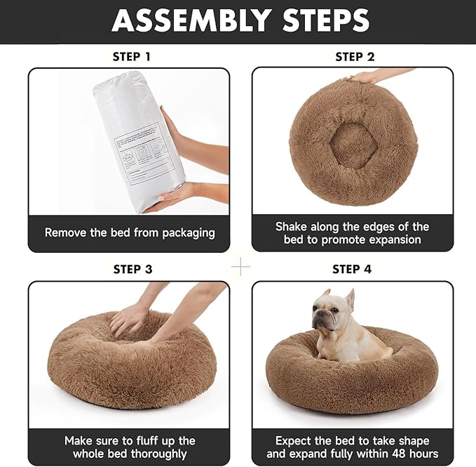 OhGeni Calming Donut Dog & Cat Bed Pillow, Machine Washable Plush Waterproof Zipper Cover, Anti-Slip Round Comfort Pet Bed, Pillow Design Cozy Warming Fluffy Fur Bed for Medium Dogs, Ocher, 30 inches