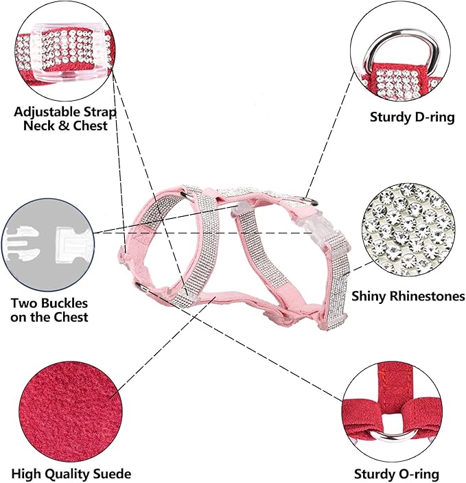 Dog Reflective Rhinestone Harness, No Pull Adjustable D-Ring Harness Walking Harness for Small Meduim Large Dog(Pink,M)