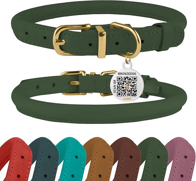BRONZEDOG Rolled Leather Dog Collar with QR ID Tag Adjustable Soft Round Collars for Small Medium Large Dogs Puppy Cat (7" - 10" Neck Size, Emerald Green)