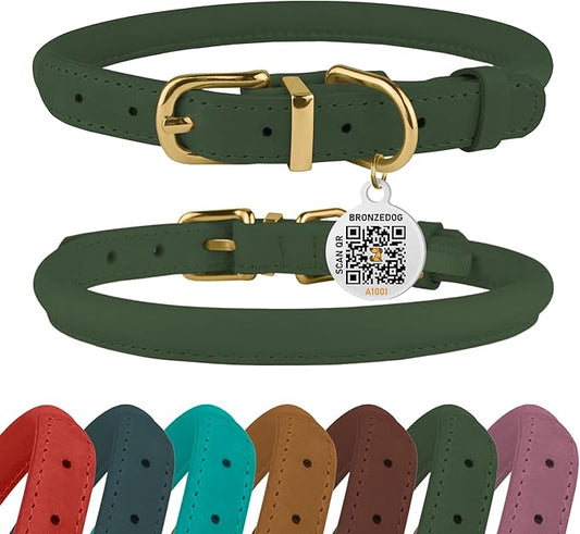 BRONZEDOG Rolled Leather Dog Collar with QR ID Tag Adjustable Soft Round Collars for Small Medium Large Dogs Puppy Cat (7" - 10" Neck Size, Emerald Green)