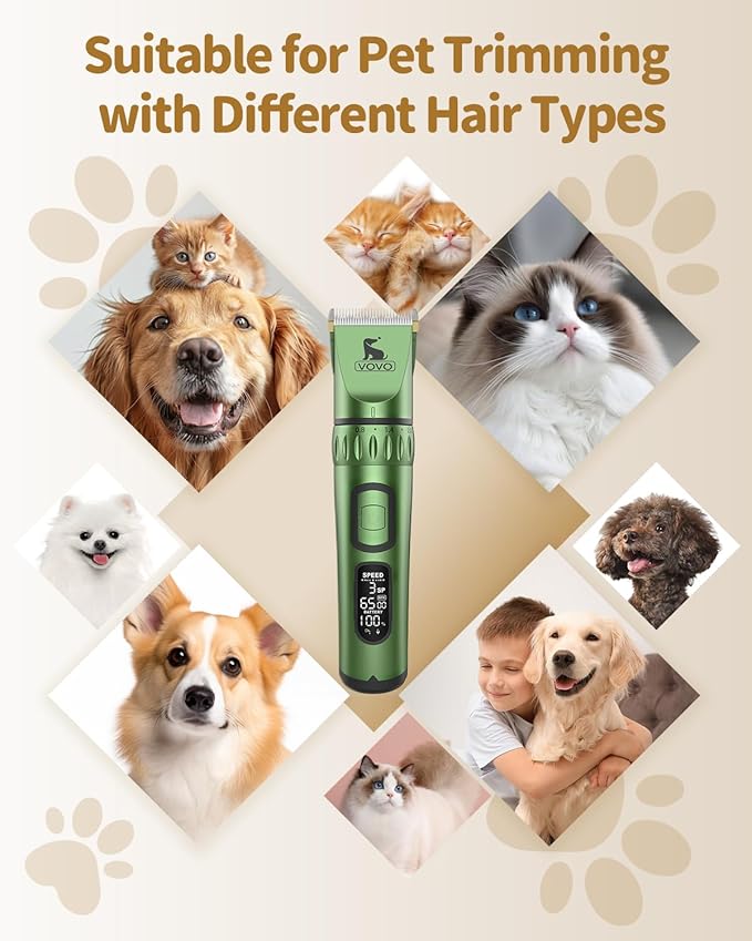 Vovo Dog Hair Clippers 3-Speed Heavy Duty Cordless Electric Dog Grooming Kit (Green)