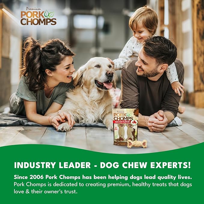 Pork Chomps Dog Chews, 4-inch Crunchy Bones, Bacon Flavor, 2 Count (Pack of 2)