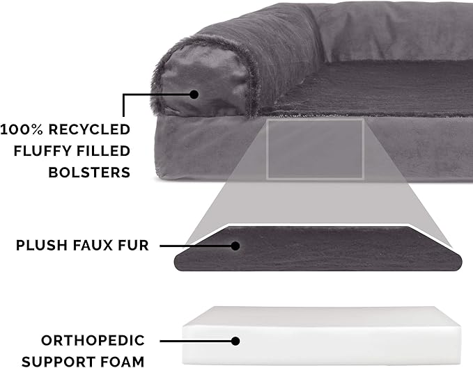 Furhaven Orthopedic Dog Bed for Large Dogs w/ Removable Bolsters & Washable Cover, For Dogs Up to 125 lbs - Plush & Velvet L Shaped Chaise - Platinum Gray, Jumbo Plus/XXL
