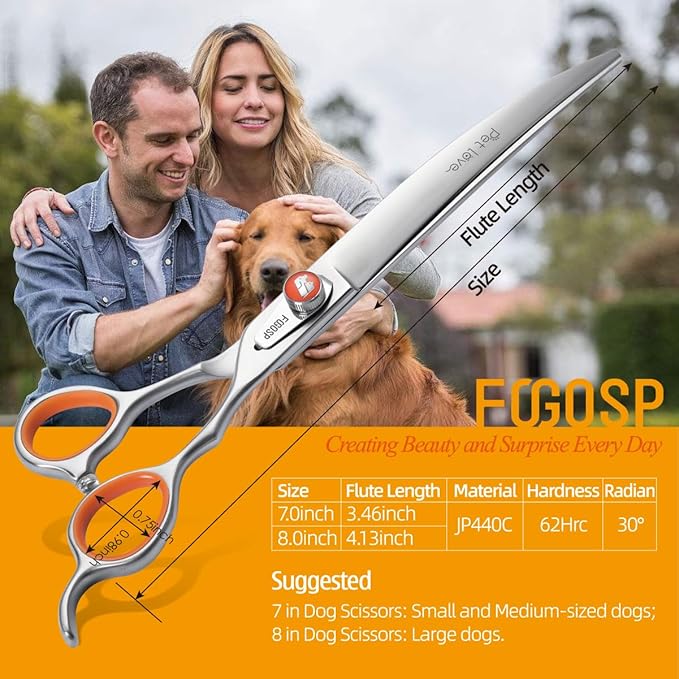 Professional Curved Grooming Scissors for Dogs 8 inch 30 Degree Long Downward Curved Grooming Shears for Poodles Large Dog Pet Japan 440C Super Sharp and Durable
