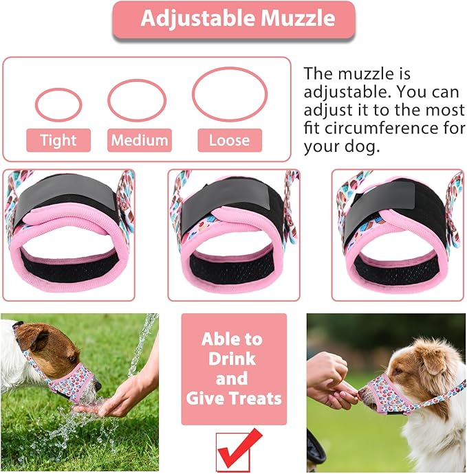 LUCKYPAW Dog Muzzle, Soft Dog Muzzles for Small Medium Large Dogs, Breathable Muzzles to Stop Biting and Chewing with Pattern, Allows Panting and Drinking (XL-(Snout 8¾"-11"), Pink Cake)