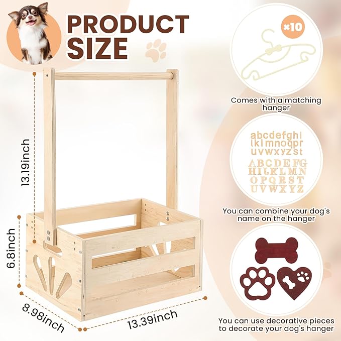 20" x 13" x 9" Wooden Pet Wardrobe Closet Crate Box with Hanging Rods and Personalized Pet Alphabet Letters Easy Assembly Baskets for Dog Cat Toys Clothes Accessories(Wood)