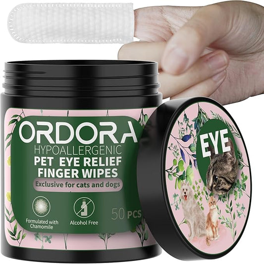 ORDORA PET Eyes Wipes for Dogs & Cats - Remove Tear Stain, Eye Debris, Discharge, Mucus Secretions - Chamomile Pet Cleaning Grooming Deodorizing Wipes for Eyes, Face - 50 Count