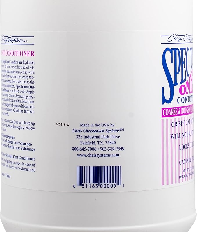 Chris Christensen Spectrum One Ultra Concentrated Dog Conditioner, Makes up to 8 Bottles, Groom Like a Professional, Maintains Inner Cortex Hydration, Coarse and Rough Coat, Made in The USA, 1gal