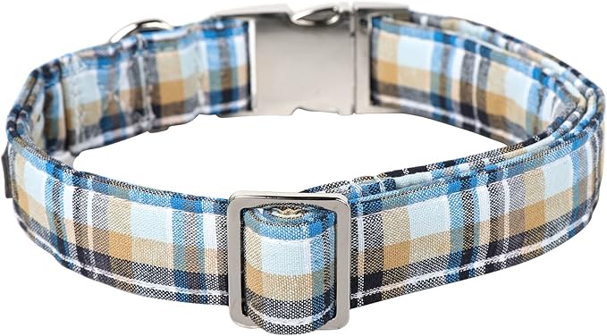 Lionet Paws Boy Dog Collar, Comfortable Adjustable Cute Blue Plaid Collar with Metal Buckle for Male Dogs Gift, Medium, Neck 13.5-22 inches