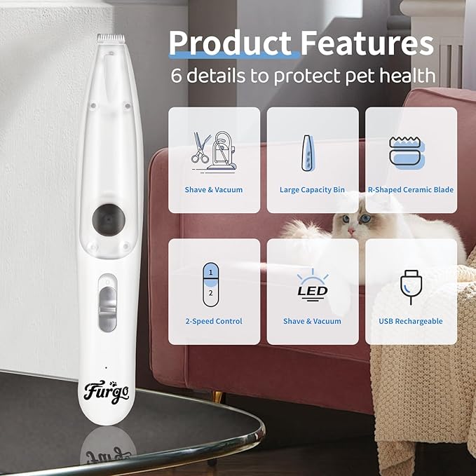 FURGO Dog Paw Clippers with LED Light, Cordless Low Noise 2-Speed Pet Grooming Trimmer, Rechargeable Dog Clippers for Paws, Face, Ears, Eyes, with Vacuum Hair Storage and Suction