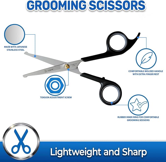 Pet Magasin Japanese Stainless Steel Grooming Scissors (2) for Facial Hair and Larger for Body Trimming with Round Tip (Black)