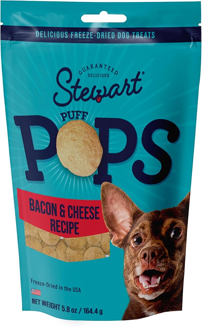 Stewart Freeze Dried Dog Treats, PuffPops Bacon and Cheese Recipe, Gluten Free, 5.8 Ounce Resealable Pouch, Made in USA, Dog Training Treats