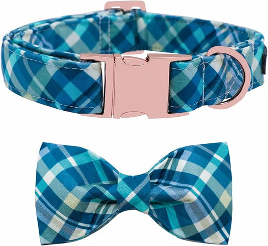 Maca Bates Plaid Blue Dog Collar with Checkered Bow Bowtie for Grid Dogs Bows Tie Adjustable Breakaway Collars Birthday Gift Colar for Small Medium Large XL Girl Boy Male Female Puppy Pets