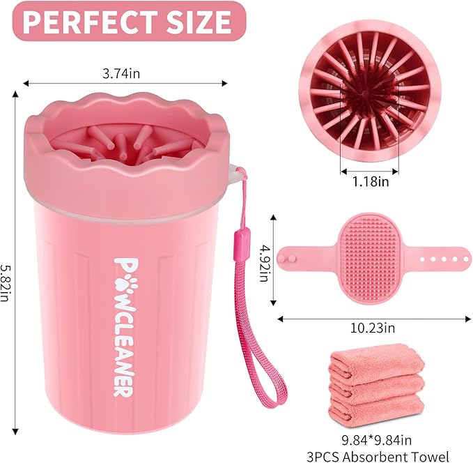 Dog Paw Cleaner for Dogs, (with 3Pcs Absorbent Towels & Adjustable Bath Brush) Dog Paw Washer, Pet Foot Cleaner (Pink, Medium)
