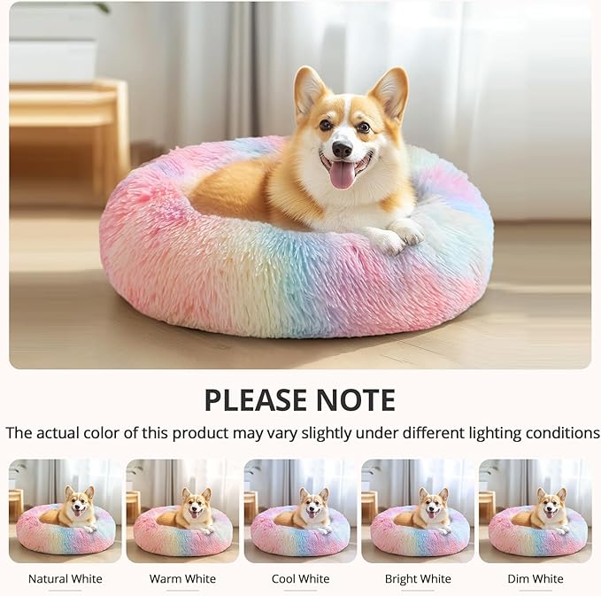 JOLLYVOGUE Donut Dog Bed for Medium Dogs, Anti-Anxiety Washable Round Bed, Calming Donut Dog Cat Bed for Puppy Bed, Fluffy Dog Beds for Large Dogs, Round Puppy Bed for Indoor Pet (31"/Rainbow