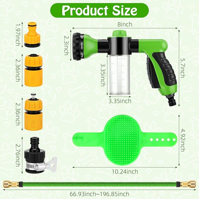 Rypet Dog Wash 7 Pieces Pet Bathing Tool Set Includes Expandable Hose Nozzle Foam Sprayer Connector Dog Rubber Brush for Bathing Pets, Washing Cars and Watering Plants
