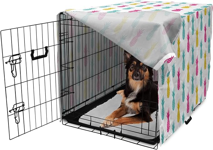 Lunarable Yellow Pineapple Dog Crate Cover, Rhythmic Ananas Fruits in Colorful Design Summer Tropical Concept, Easy to Use Pet Kennel Cover for Medium Large Dogs, 36 Inch, Turquoise Hot Pink