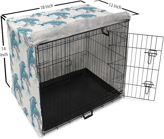 Lunarable Dolphin Dog Crate Cover, Happy Dolphins Jumping and Swimming in Deep Water Grey and Blue Mammals, Easy to Use Pet Kennel Cover for Small Dogs Puppies Kittens, 18 Inch, Blue Grey Slate Blue