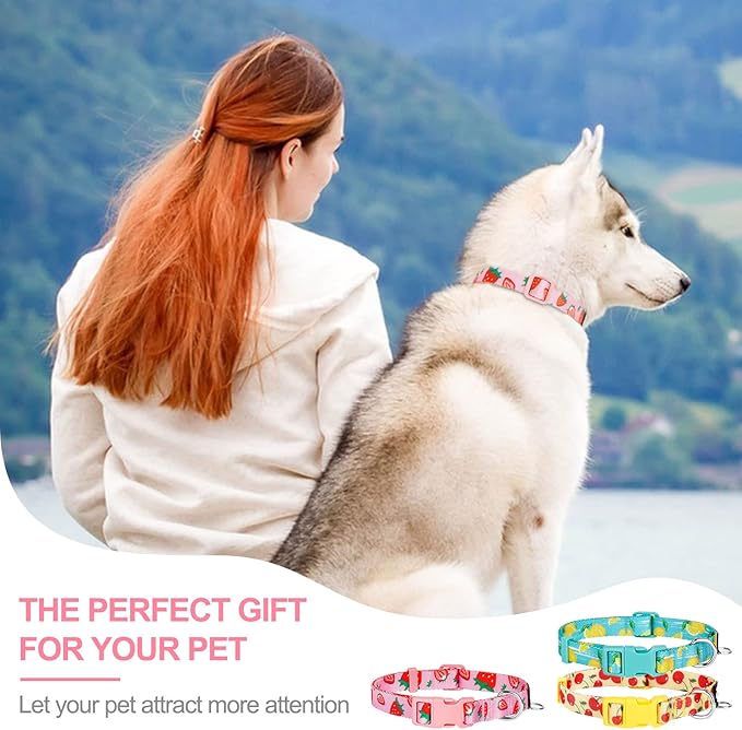 azuza 3 Pack Fruit Design Dog Collars Comfortable and Adjustable Nylon Dog Collars for Large Dogs, L (18-26inch)，Strawberry，Lemon and Cherry