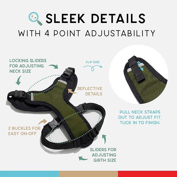 Dog Harness, Puppy Harness, Soft Harness for Dogs, Comfortable Dog Harness, Small Dog Harness, Dog Harness with Padding, Snug Fit Design, 4 Point Adjustable - Wildebeest(XS - 15~20 inch Girth, Olive)