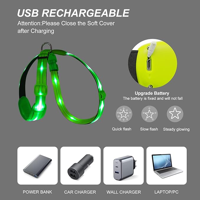 LED Light Up Dog Vest Harness Rechargeable, Soft Padded, Adjustable & Reflective Lighted Dog Harness Waterproof, Glow Dark Dog Light Harness for Camping Night Safety Walking, Medium Green