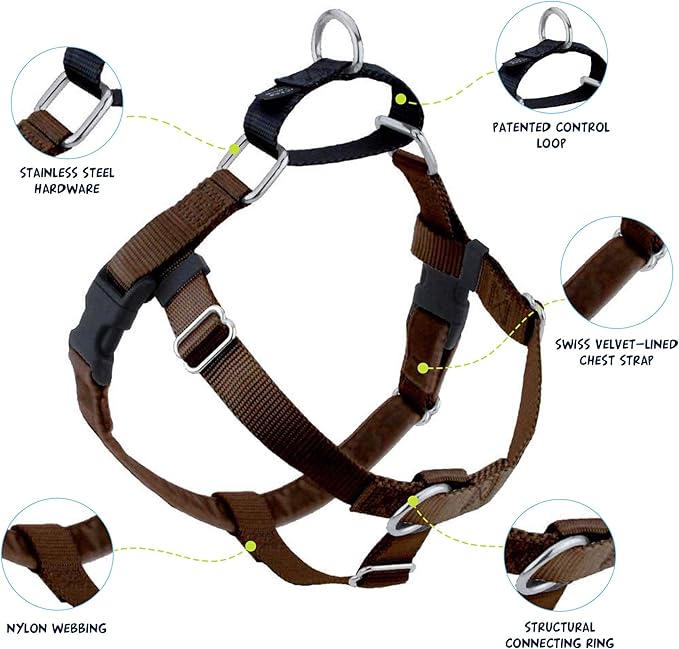 2 Hounds Design Freedom No Pull Dog Harness | Comfortable Control for Easy Walking |Adjustable Dog Harness and Leash Set | Small, Medium & Large Dogs | Made in USA | Solid Colors | 5/8" SM Brown