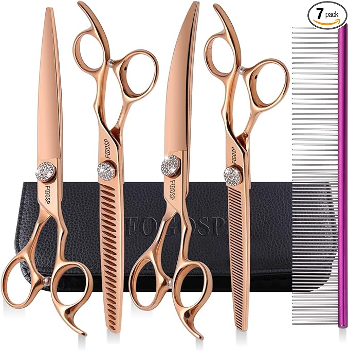 Rose Gold Titanium Dog Grooming Scissors Set 4PCS Curved Thinning Straight Chunkers Shears Kit with White Artificial Diamonds Ergonomic Offset Handle Japan 440C Sharp and Durable