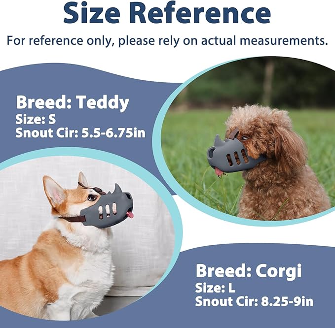 LUCKYPAW Dog Muzzle, Soft Muzzle for Small Medium Dogs Poodle Dachshund, Breathable Silicone Cage Mouth Cover to Prevent Biting Chewing, Funny Rhino Shaped Muzzle with Adjustable Head Strap(Grey,XL)