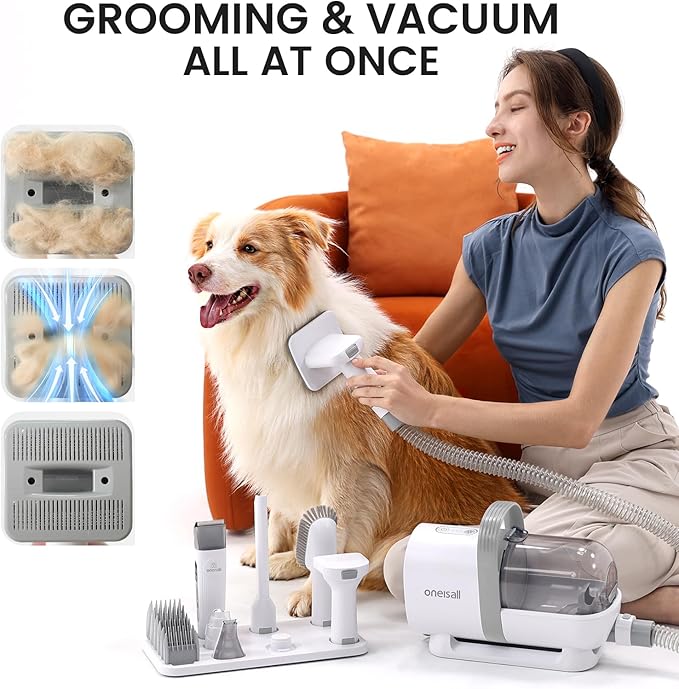 oneisall Dog Grooming Vacuum, Pet Grooming Vacuum with Clipper Nail Grinder, 1.5L Dust Cup Dog deshedding Vacuum Brush with 7 Pet Grooming Tools for Shedding Pet Hair, Home Cleaning