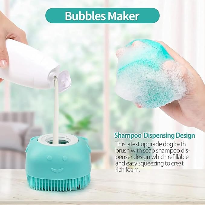 Dog Bath Brush - Pet Grooming Brush with Soap Dispenser - Soft Silicone Dog Shampoo Brush Scrubber - Short Long Haired Dogs and Cats Washing - 2 Count