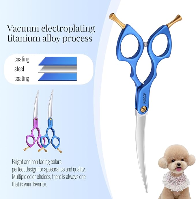 Professional Left Handed Curved Dog Grooming Scissors with Sharper Self Grinding lightweight and finely trimmed split structure 6.5'' Japan VG10 63HRC for small dogs cat pet(Blue)