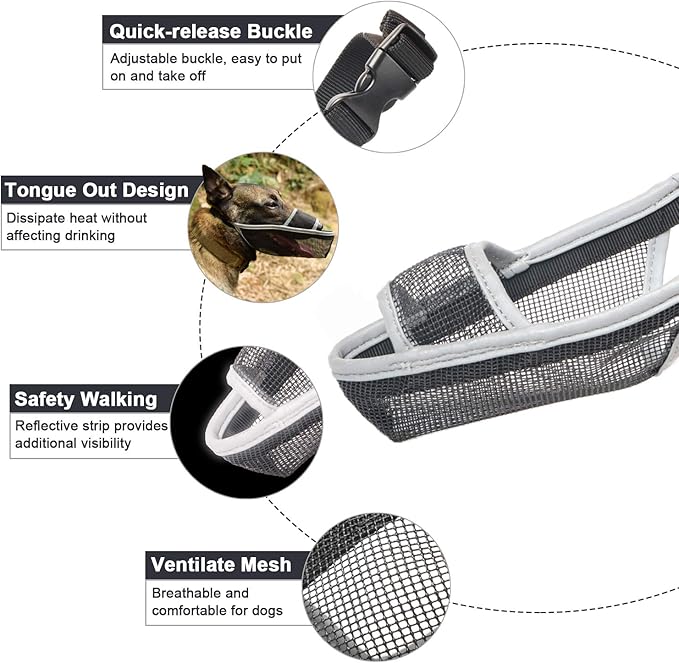Crazy Felix Nylon Dog Muzzle for Small Medium Large Dogs, Air Mesh Breathable and Drinkable Pet Muzzle for Anti-Biting Anti-Barking Licking (XXS, Reflective Trim)