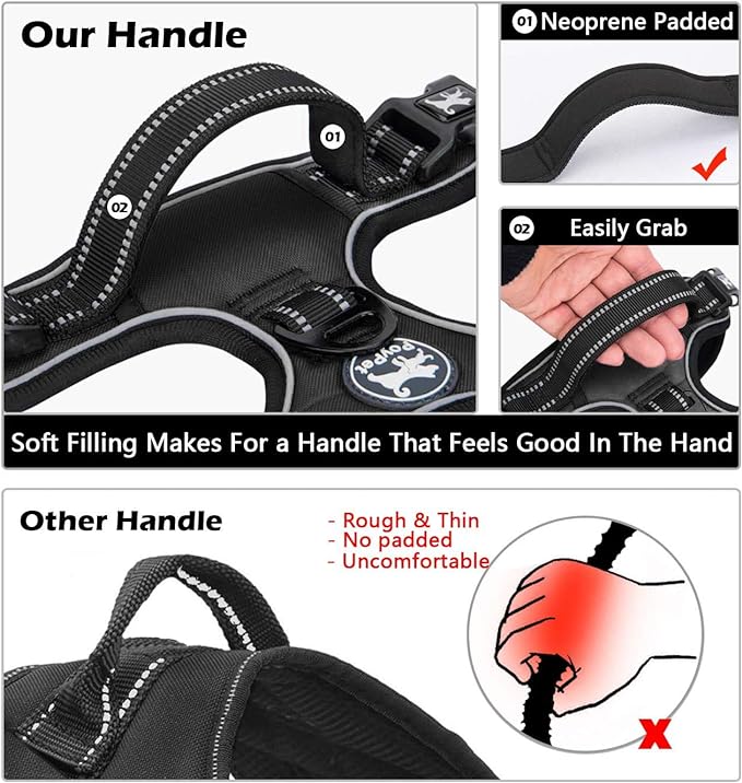 PoyPet No Pull Dog Harness, No Choke Front Clip Dog Reflective Harness, Adjustable Soft Padded Pet Vest with Easy Control Handle for Small to Large Dogs(Black,M)